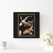 Two Japanese Koi Goldfish on Black Background Vierkante Klok (Huis)