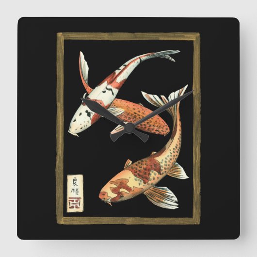 Two Japanese Koi Goldfish on Black Background Vierkante Klok (Voorkant)