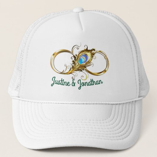 Two Joined Golden Peacock Wedding Bands Trucker Pet (Voorkant)