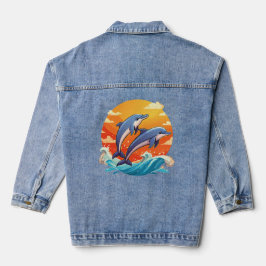 Two jumping cartoon dolphin denim jacket