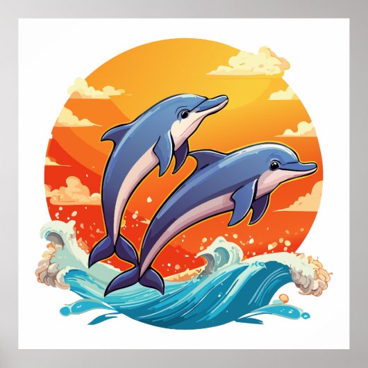 Two jumping cartoon dolphin poster (Voorkant)