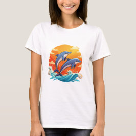 Two jumping cartoon dolphin t-shirt
