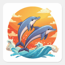 Two jumping cartoon dolphin vierkante sticker