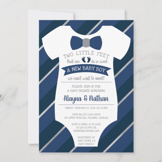 Two Little Feet Baby shower Invitation, Bow Stropd Kaart (Voorkant)