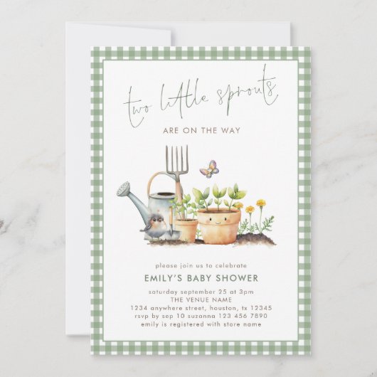 Two Little Sprouts Twins Sage Gingham Baby Shower  Kaart (Voorkant)