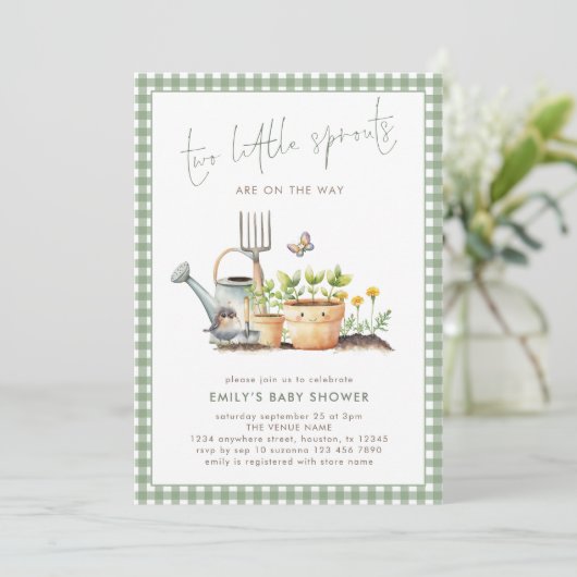 Two Little Sprouts Twins Sage Gingham Baby Shower  Kaart (Staand voorkant)