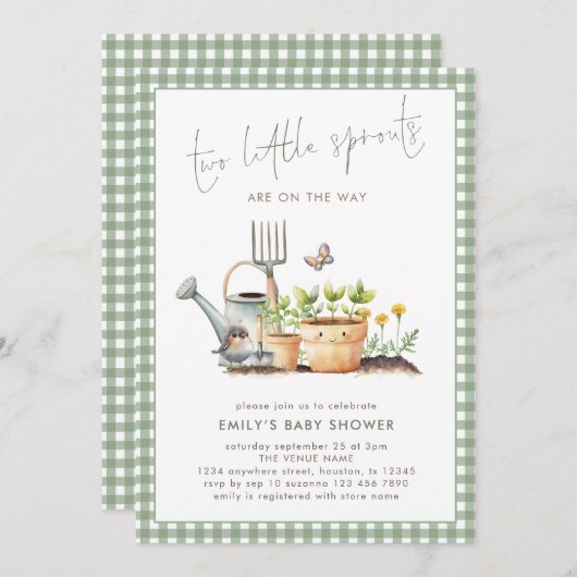 Two Little Sprouts Twins Sage Gingham Baby Shower  Kaart (Voorkant / Achterkant)