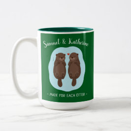 Two Lovely Cute Otters Custom Name Valentine's Day Tweekleurige Koffiemok