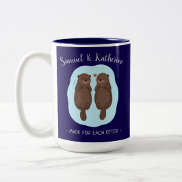 Two Lovely Cute Otters Custom Name Valentine's Day Tweekleurige Koffiemok
