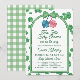 Two Lucky Charms Clovers Girl Boy Twin Baby Shower Kaart