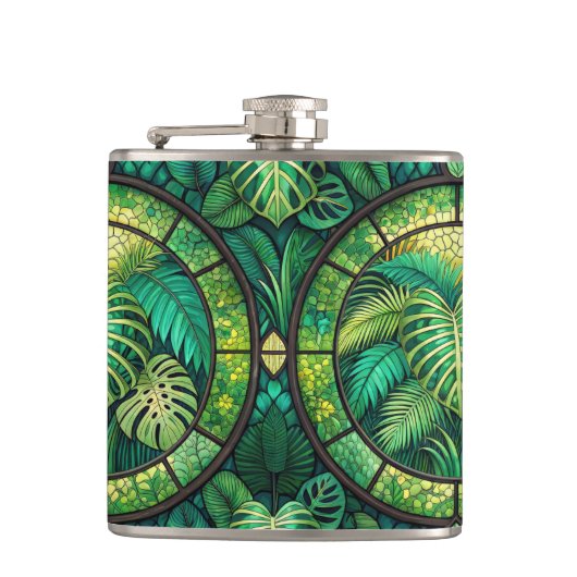Two metal flasks with vibrant green tropical  heupfles (Voorkant)
