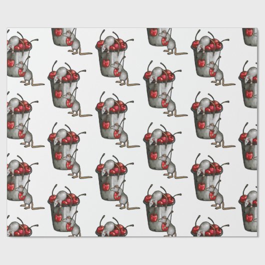 Two MICE Stealing Cherries, Bucket of Cherries Art Cadeaupapier (Vlak)