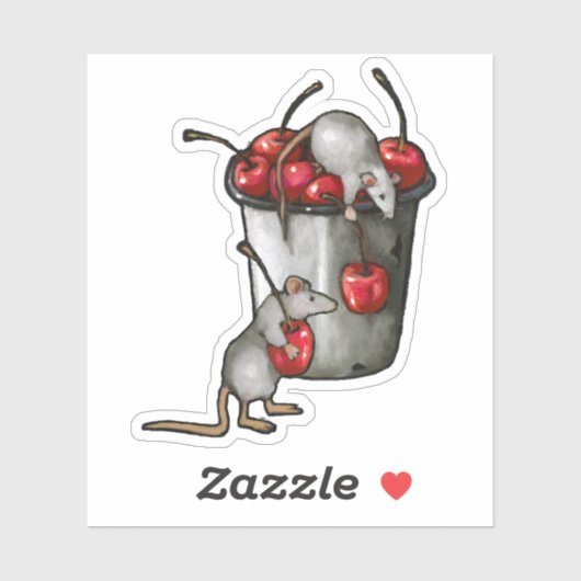 Two MICE Stealing Cherries, Bucket of Cherries Art Sticker (Vel)