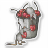 Two MICE Stealing Cherries, Bucket of Cherries Art Sticker (Voorkant)