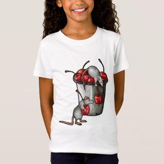 Two MICE Stealing Cherries, Bucket of Cherries Art T-shirt (Voorkant)