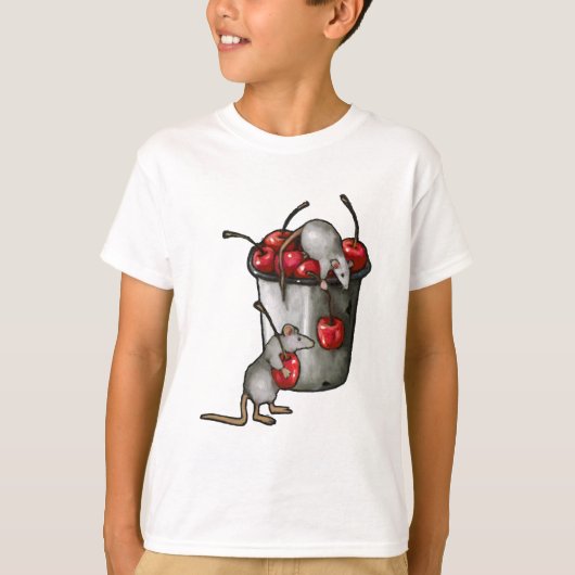 Two MICE Stealing Cherries, Bucket of Cherries Art T-shirt (Voorkant)