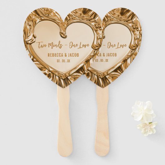 Two Minds One Love Gold Metal Heart Wedding Handwaaier (Voorkant en achterkant)