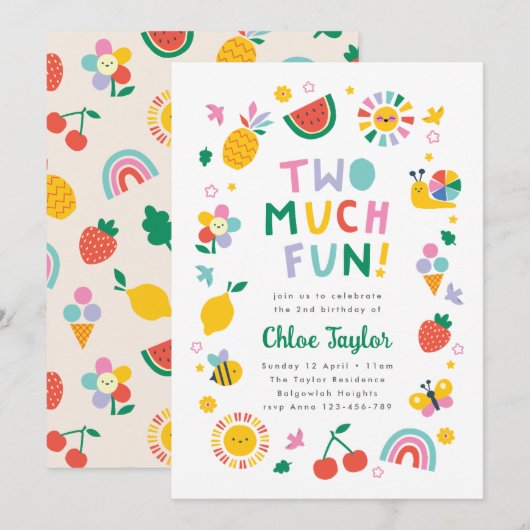 Two Much Fun Invite, Girls Second Birthday  Kaart (Voorkant / Achterkant)