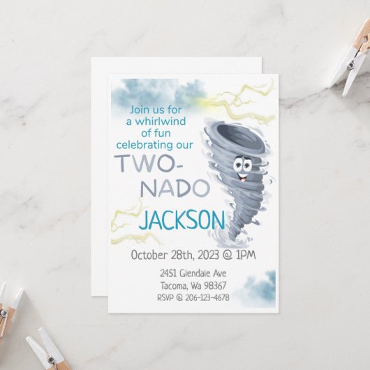 Two-Nado verjaardagsuitnodiging Kaart (Voorkant / Achterkant in situ)