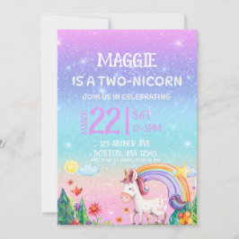 TWO-NICORN 2nd birthday invitation Kaart
