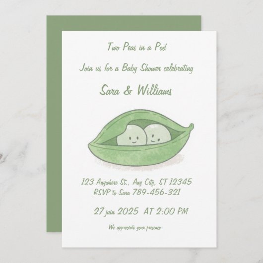 Two Peas In a Pod Twin Baby Shower Invitation Kaart (Voorkant / Achterkant)