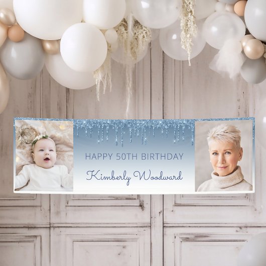Two Photo Blue Dripping Glitter 50th Birthday Spandoek