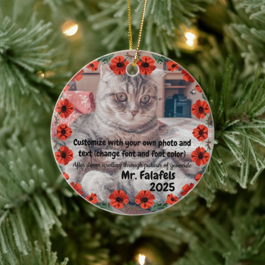 Two Photo Custom Text Red Poppies Free Palestine Keramisch Ornament (Boom)