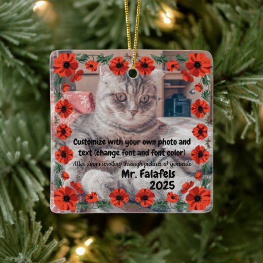 Two Photo Custom Text Red Poppies Free Palestine Keramisch Ornament (Boom)
