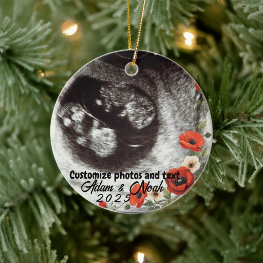 Two Photo Custom Text Red Poppies Free Palestine Keramisch Ornament (Boom)