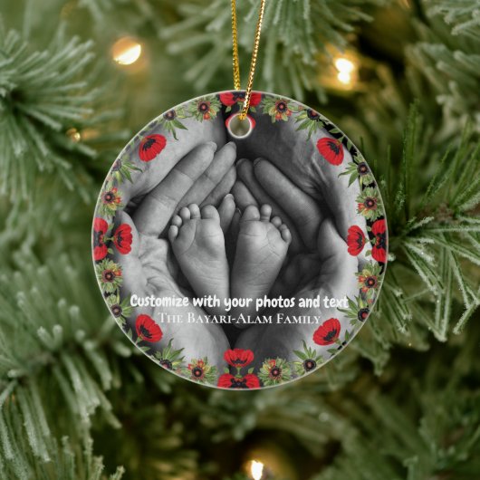 Two Photo Custom Text Red Poppies Free Palestine Keramisch Ornament (Boom)