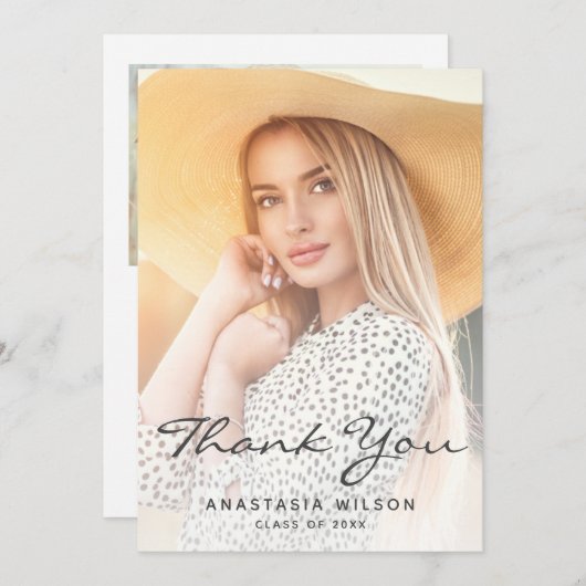 Two-Photo Grey Script Afstuderen Dank u Kaart (Voorkant / Achterkant)