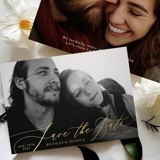 Two Photo La Dolce Vita Gold Save The Date Folie Uitnodiging