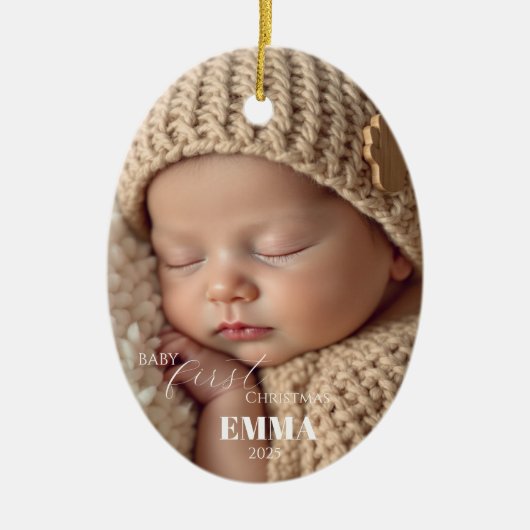 Two Photos Minimalist Baby First Christmas Keramisch Ornament (Voorkant)
