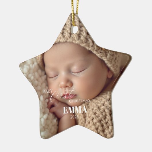 Two Photos Minimalist Baby First Christmas Keramisch Ornament (Links)