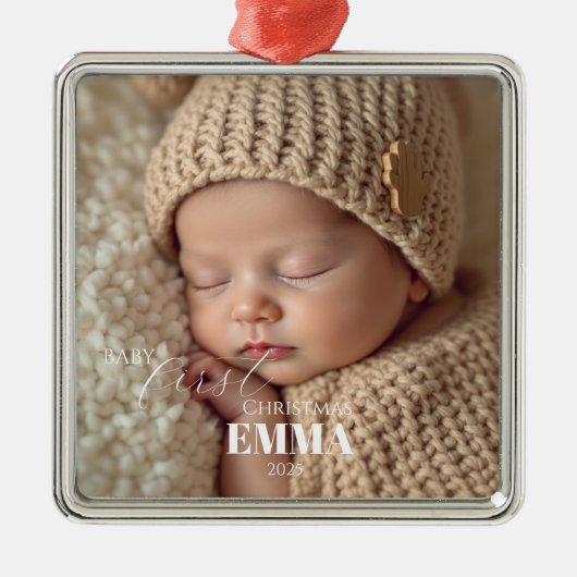 Two Photos Minimalist Baby First Christmas Metalen Ornament (Voorkant)