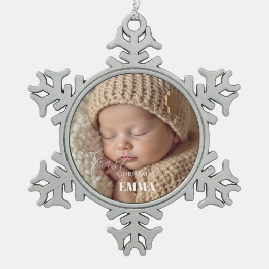 Two Photos Minimalist Baby First Christmas Tin Sneeuwvlok Ornament (Voorkant)