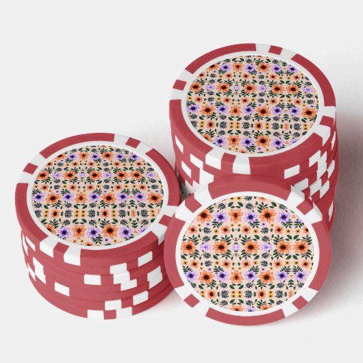 Two poker chips are shown each featuring a floral (Opstapeling)