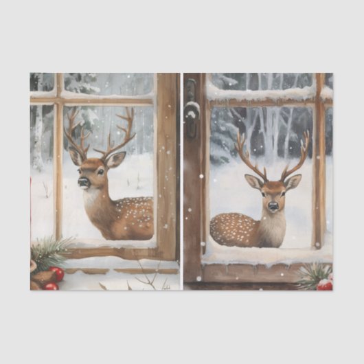 Two Pretty Winter Scenes of Deer in Window Panes Tissuepapier (Voorkant)