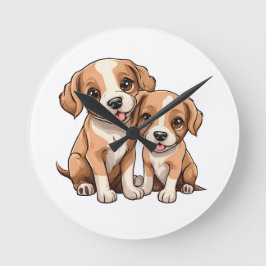 TWO PUPPIES Round Clock Ronde Klok