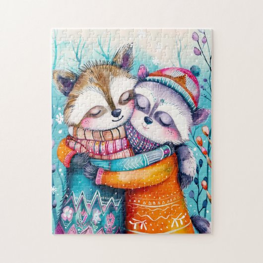 Two Raccoons Hugging in Winter Legpuzzel (Verticaal)