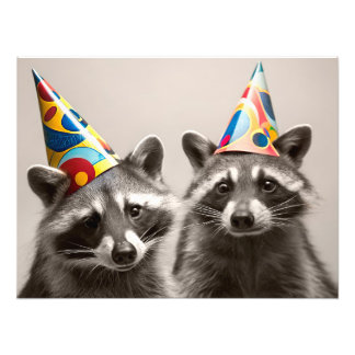 Two Raccoons Wearing Party Hats Foto Afdruk
