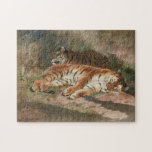 Two Recumbent Tigers | Rosa Bonheur Legpuzzel<br><div class="desc">Two Recumbent Tigers (1887) | Rosa Bonheur’s Two Recumbent Tigers is a tranquil and majestic painting portraying two tigers resting peacefully in a grassy landscape. The artist’s meticulous attention to detail brings the tigers’ striped fur and muscular forms to life, while the natural setting enhances the serene mood of the...</div>