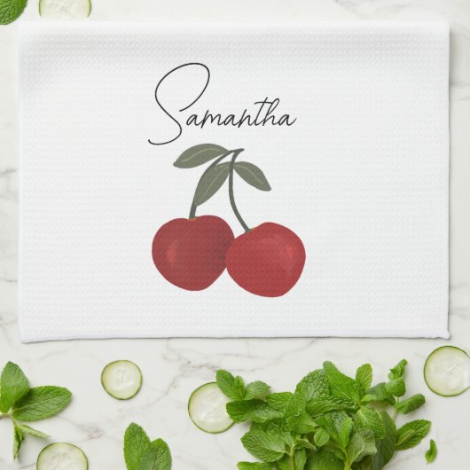 Two Red Cherries Illustration | Cute Fruit Art Theedoek (Gevouwen)