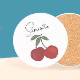 Two Red Cherries Illustration | Cute Fruit Art  Zandsteen Onderzetter