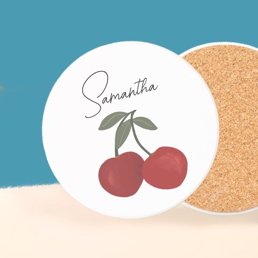 Two Red Cherries Illustration | Cute Fruit Art  Zandsteen Onderzetter