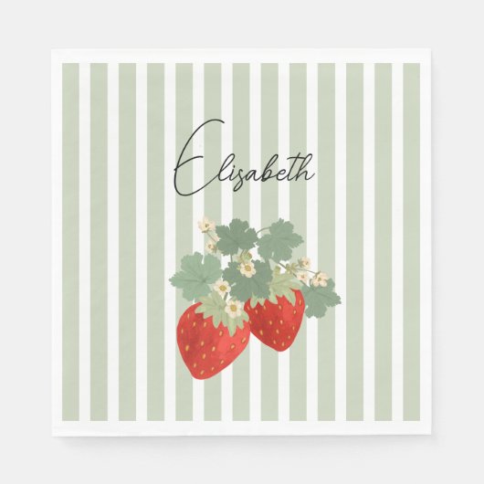 Two Red Strawberries Stripes & Flowers | Fruit Servet (Voorkant)