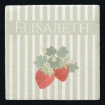 Two Red Strawberries Stripes & Flowers | Fruit Stenen Onderzetter<br><div class="desc">A charming illustration of two ripe red strawberries paired with fresh green leaves and delicate strawberry flowers and customizable stripes. This sweet fruit design brings a cheerful, nature-inspired feel that’s perfect for kitchen décor, stationery, apparel, accessories, and gifts. Ideal for strawberry lovers, garden aesthetics, and anyone who enjoys colorful, cute...</div>
