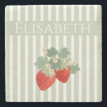 Two Red Strawberries Stripes & Flowers | Fruit Stenen Onderzetter<br><div class="desc">A charming illustration of two ripe red strawberries paired with fresh green leaves and delicate strawberry flowers and customizable stripes. This sweet fruit design brings a cheerful, nature-inspired feel that’s perfect for kitchen décor, stationery, apparel, accessories, and gifts. Ideal for strawberry lovers, garden aesthetics, and anyone who enjoys colorful, cute...</div>