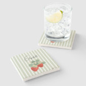 Two Red Strawberries Stripes & Flowers | Fruit Stenen Onderzetter (Zijkant)