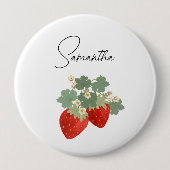 Two Red Strawberries with Leaves & Flowers | Fruit Ronde Button 4,0 Cm (Voorkant)